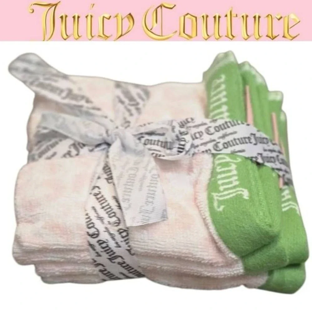 Juicy Couture Home Logo Leopord Print Set of 4 Wash Towels- Green/Pink